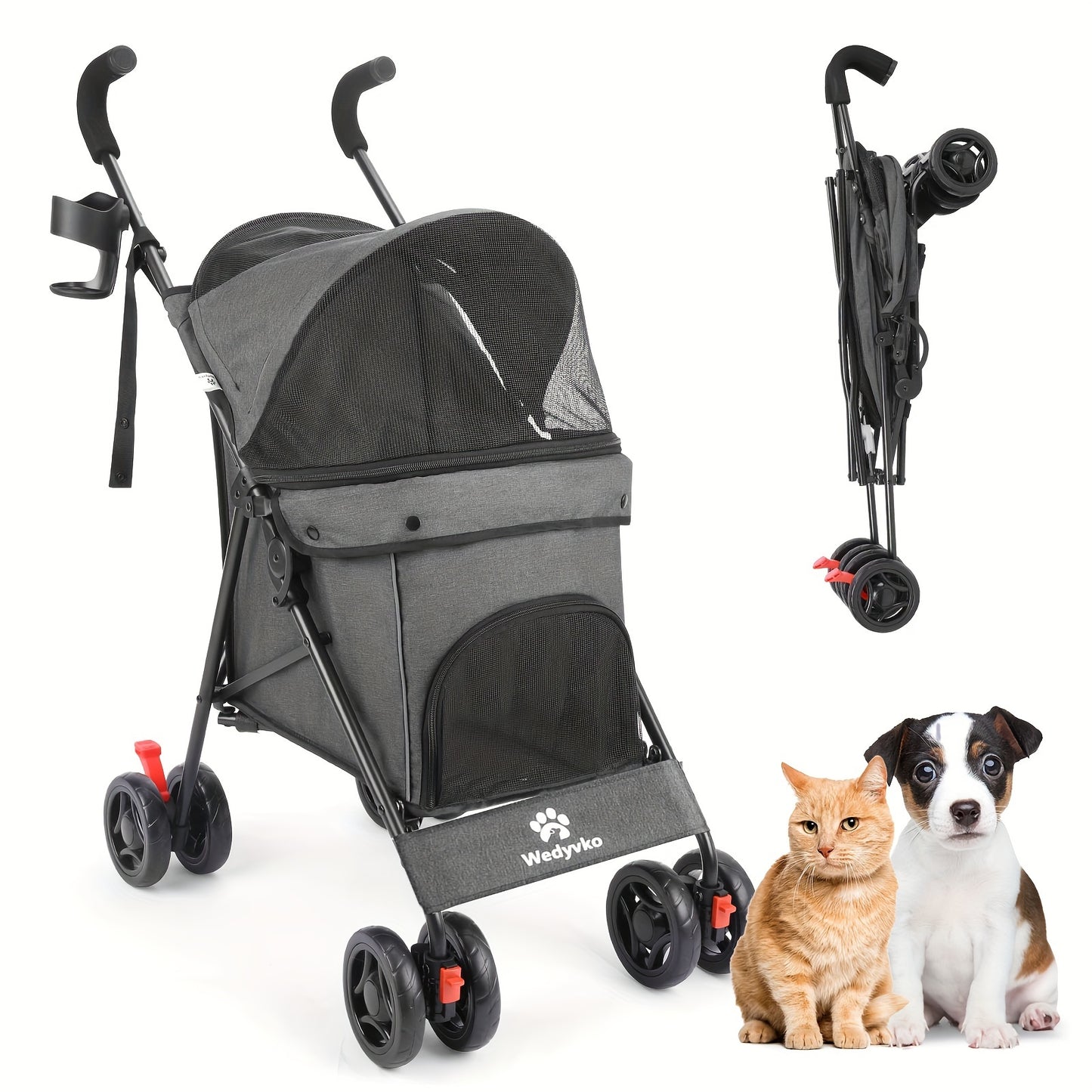Poussette pour chien et chat 2 en 1, multifonctionnelle avec 4 doubles roues, tout terrain, panier amovible, pliable et compacte, en maille respirante, diverses couleurs