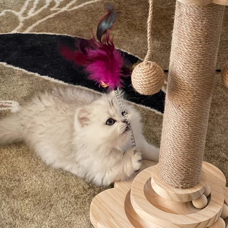 Combinaison griffoir et jouet pour chat avec un design rotatif à 360°, comprenant un griffoir, un poteau à double usage, des balles et des plumes artificielles, les couleurs peuvent varier