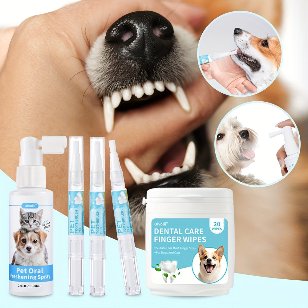 Ensemble de soins bucco-dentaires pour chiens et chats, 5 pièces comprenant un spray dentaire 2 en 1, un stylo de nettoyage dentaire, 20 lingettes dentaires, rafraîchit la bouche de votre animal