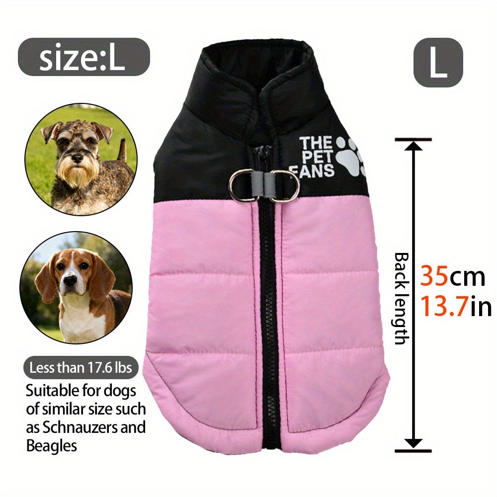 Manteau chaud pour chien avec 2 anneaux intégrés pour pouvoir partir en balade en toute sécurité, fermeture éclair pour un enfilage facile, diverses couleurs