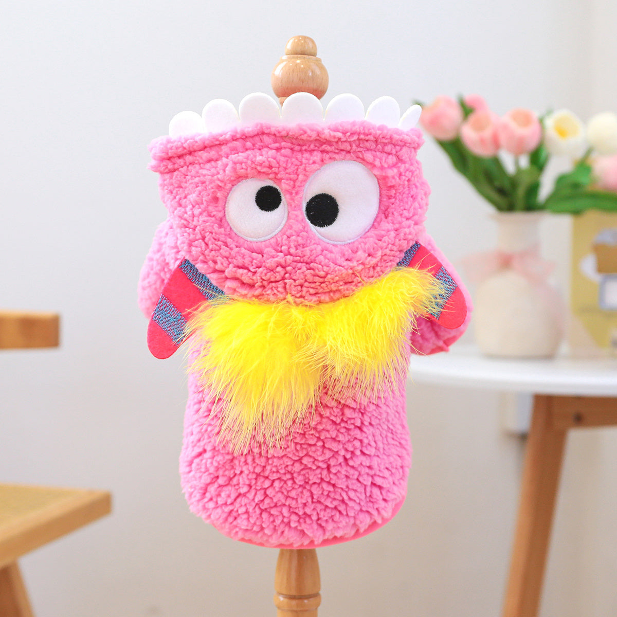 Costume mignon de petit monstre rose, tout doux et tout chaud, pour chien, facile a enfiler, fermeture à boutons-pression