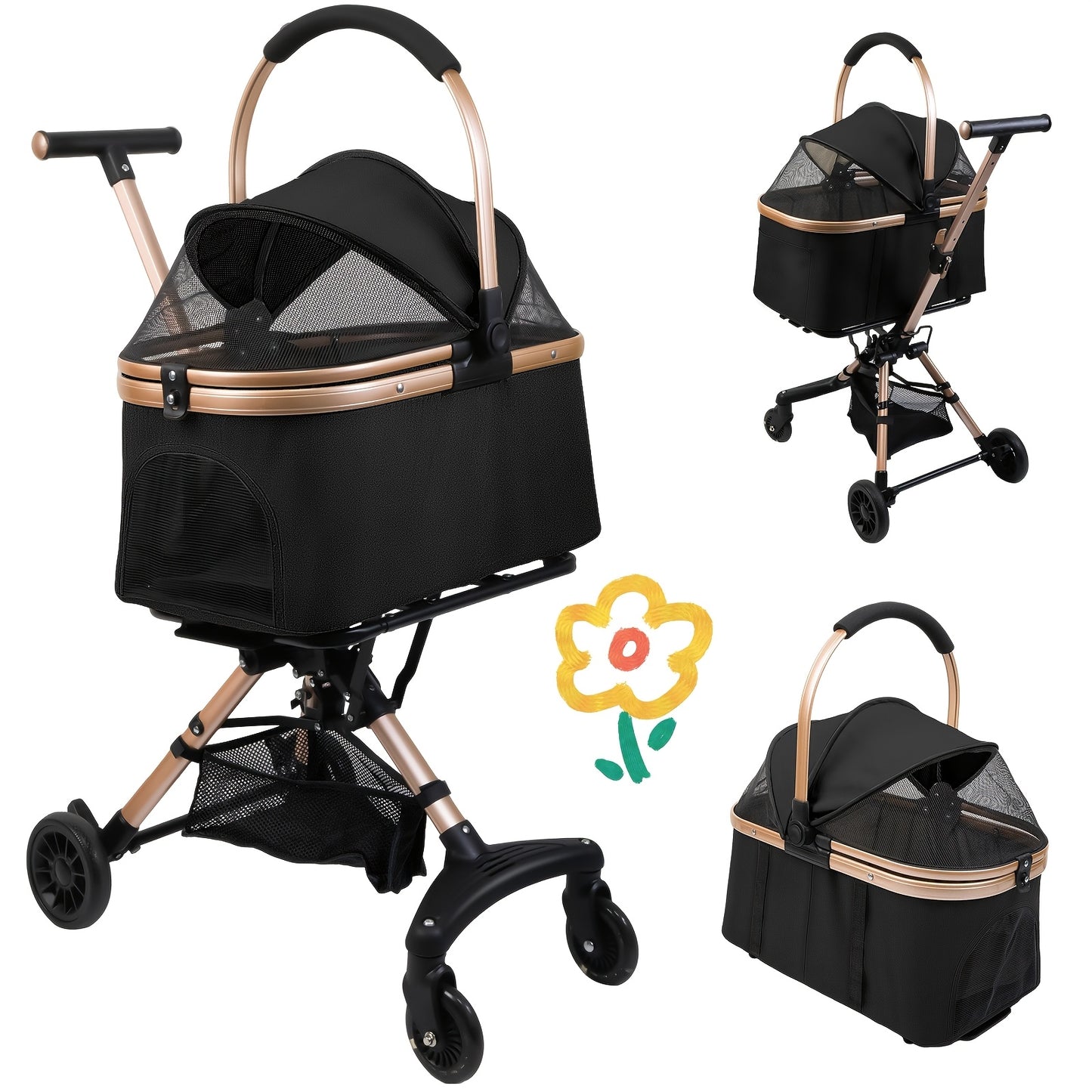 Poussette pliable et confortable, conception entièrement fermée et respirante. Elle est dotée d'un système de pliage à un seul bouton, de roues pivotantes à 360° et de roues directionnelles pour un double plaisir. Diverses couleurs