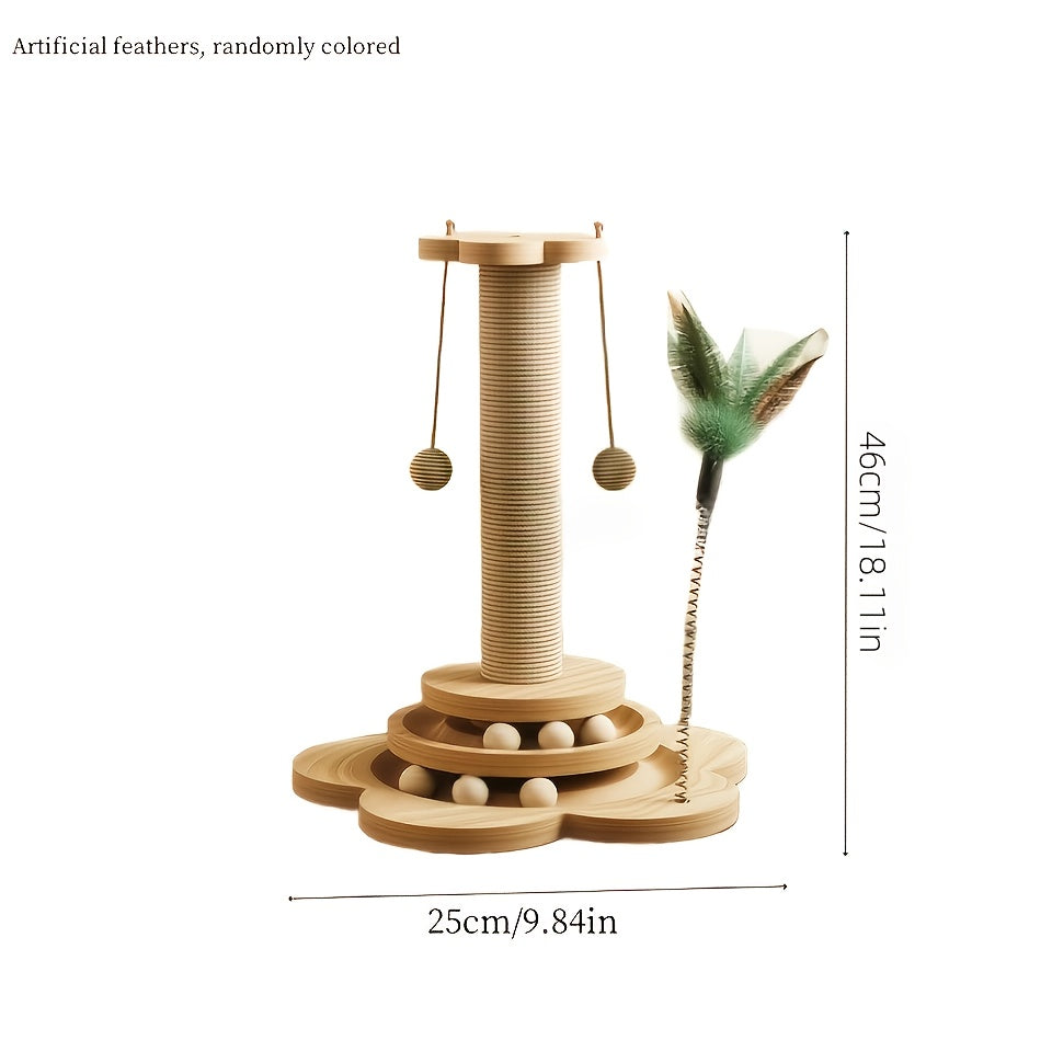 Combinaison griffoir et jouet pour chat avec un design rotatif à 360°, comprenant un griffoir, un poteau à double usage, des balles et des plumes artificielles, les couleurs peuvent varier