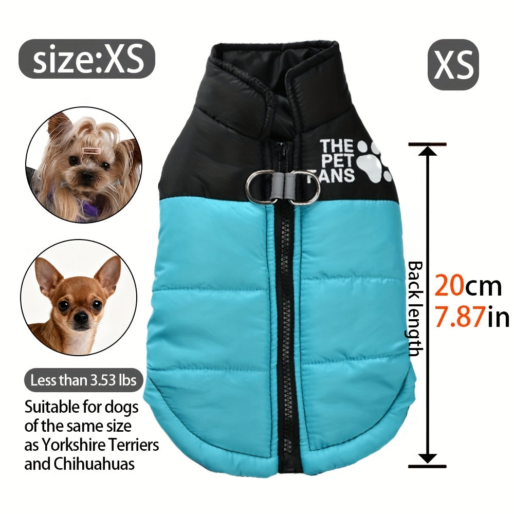 Manteau chaud pour chien avec 2 anneaux intégrés pour pouvoir partir en balade en toute sécurité, fermeture éclair pour un enfilage facile, diverses couleurs