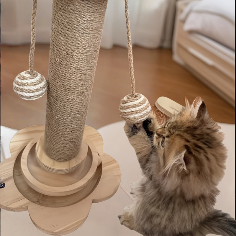 Combinaison griffoir et jouet pour chat avec un design rotatif à 360°, comprenant un griffoir, un poteau à double usage, des balles et des plumes artificielles, les couleurs peuvent varier