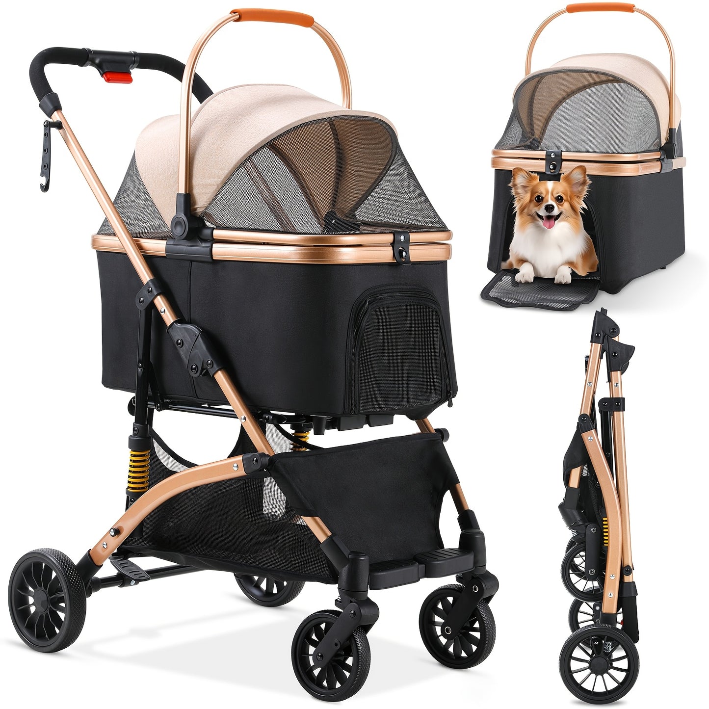 Poussette pour chien et chat, conception pliable, poussette 3 en 1 avec panier couvert, fenêtre en filet, porte-gobelet et roues en caoutchouc durables à 360°, idéale pour les longues promenades en extérieur, diverses couleurs