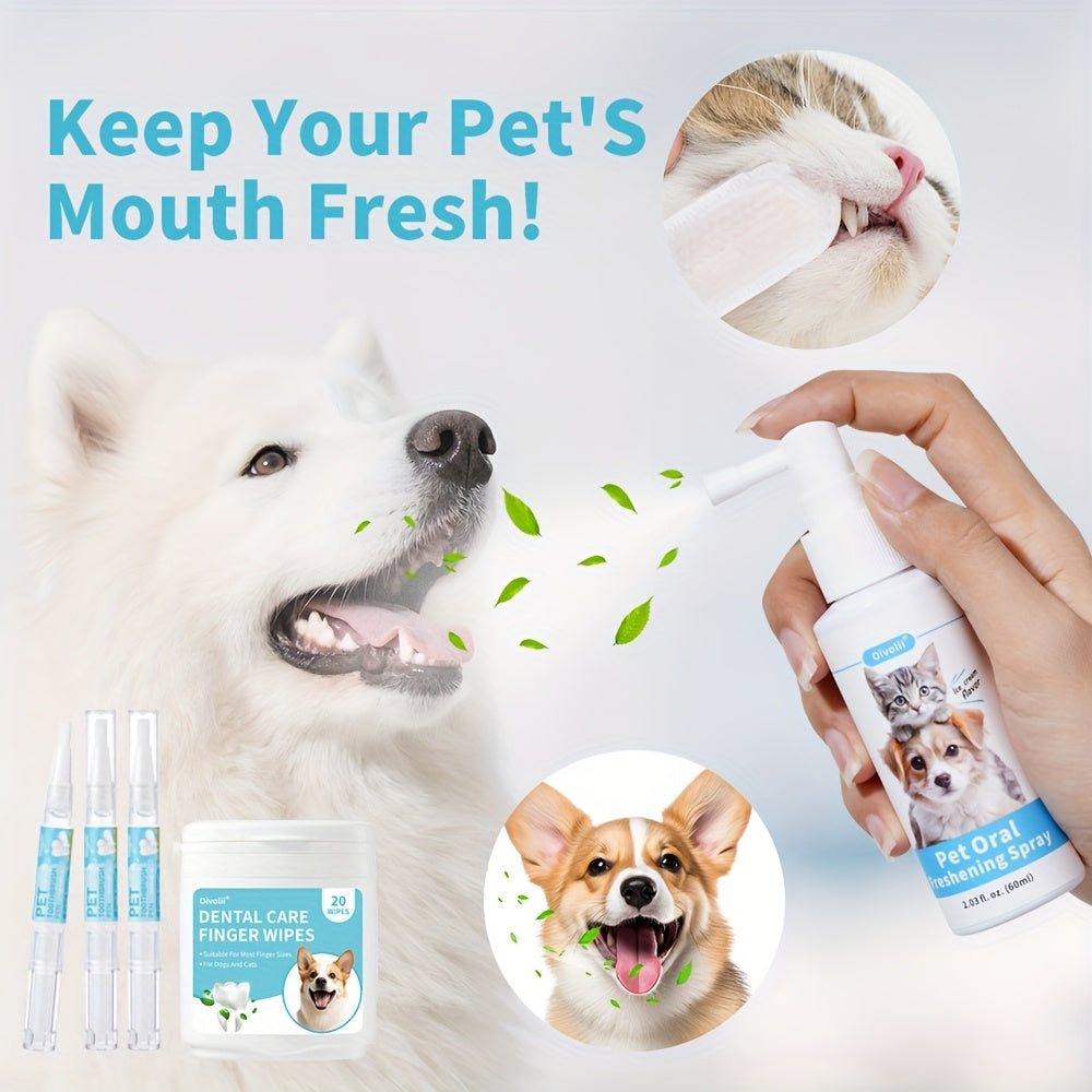 Ensemble de soins bucco-dentaires pour chiens et chats, 5 pièces comprenant un spray dentaire 2 en 1, un stylo de nettoyage dentaire, 20 lingettes dentaires, rafraîchit la bouche de votre animal