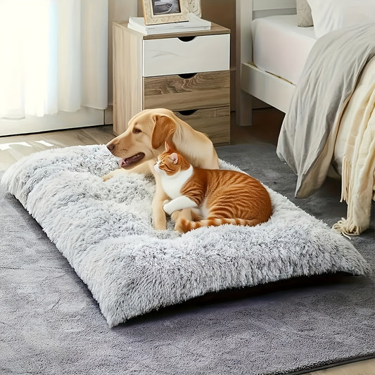Lit/matelas surdimensionné pour chien et chat, doux, chaud et confortable, long poils gris/blanc