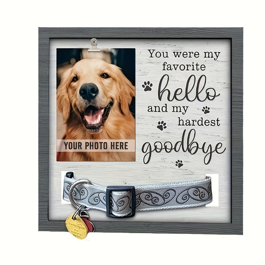 Cadre photo commémoratif en bois pour animaux de compagnie, avec gravure « Favorite Hello and Hardest Goodbye », emplacement pour une photo et un emplacement pour accrocher le collier de votre animal disparu