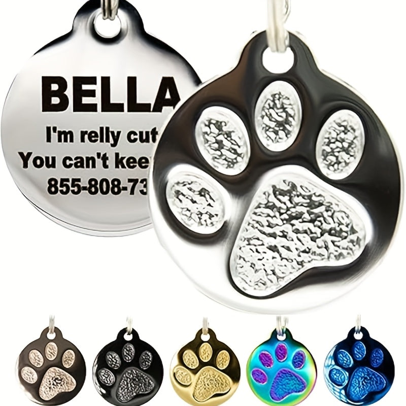 Médaille personnalisée pour chien, ronde avec une patte gravée sur la face avant, diverses couleurs