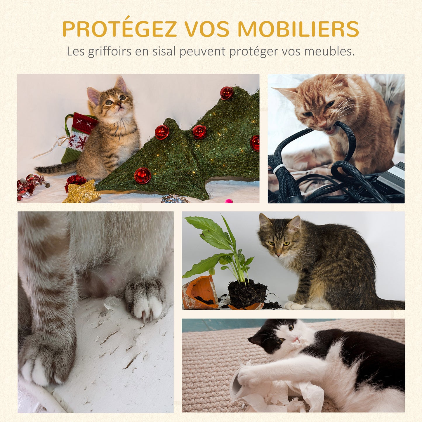 Arbre à chat avec poteaux à griffer, plateforme de nidification et peluche, 2 jouets suspendus et 1 cachette fermée, gris