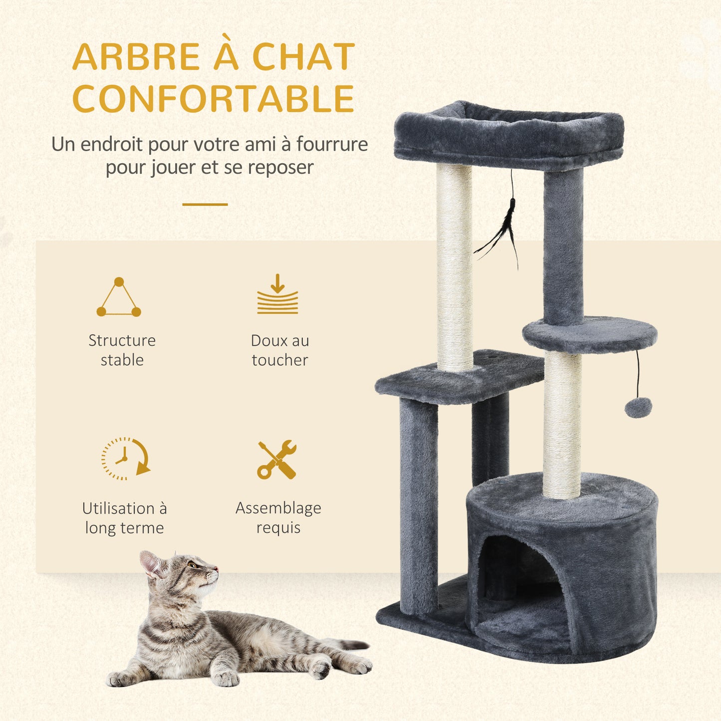 Arbre à chat avec poteaux à griffer, plateforme de nidification et peluche, 2 jouets suspendus et 1 cachette fermée, gris