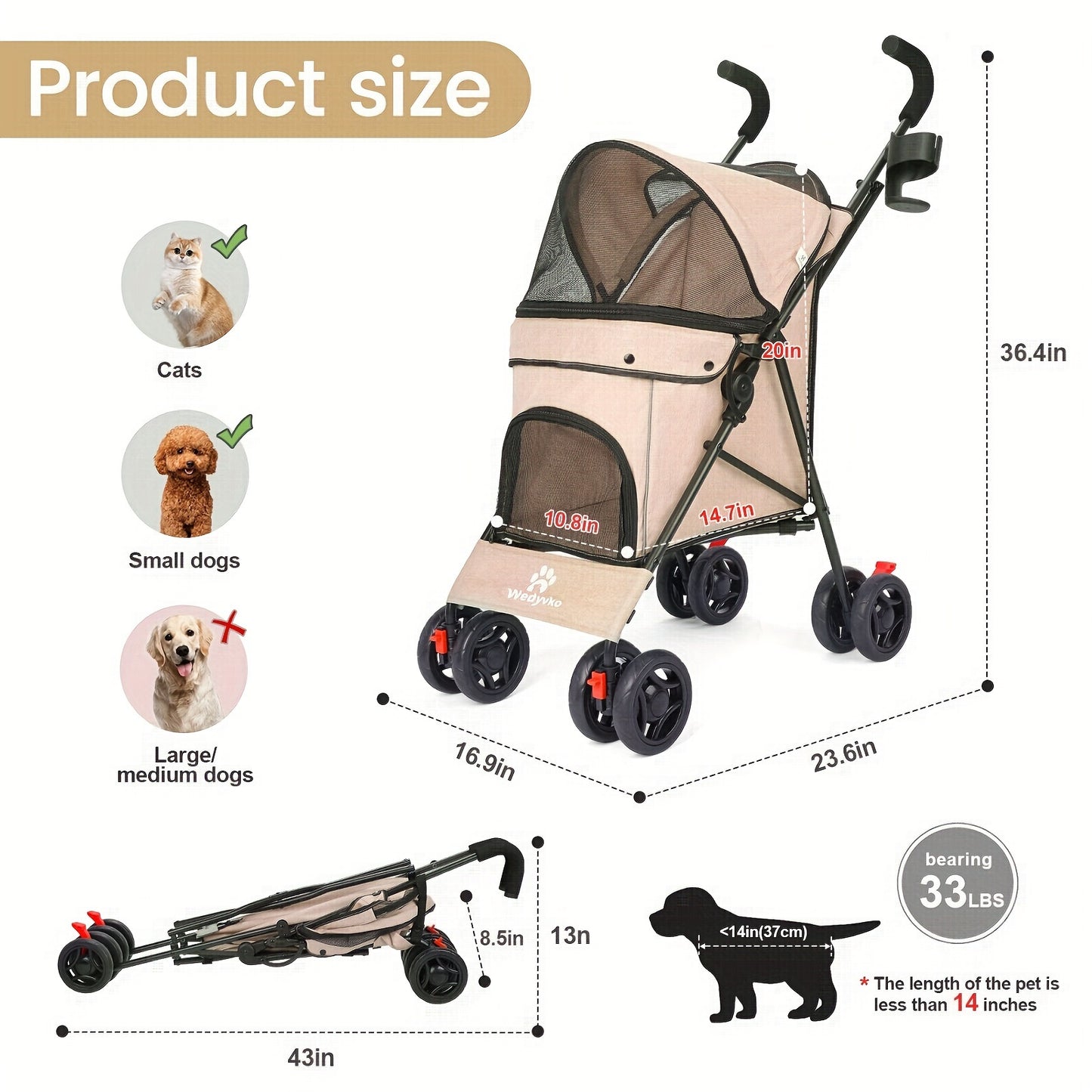 Poussette pour chien et chat 2 en 1, multifonctionnelle avec 4 doubles roues, tout terrain, panier amovible, pliable et compacte, en maille respirante, diverses couleurs