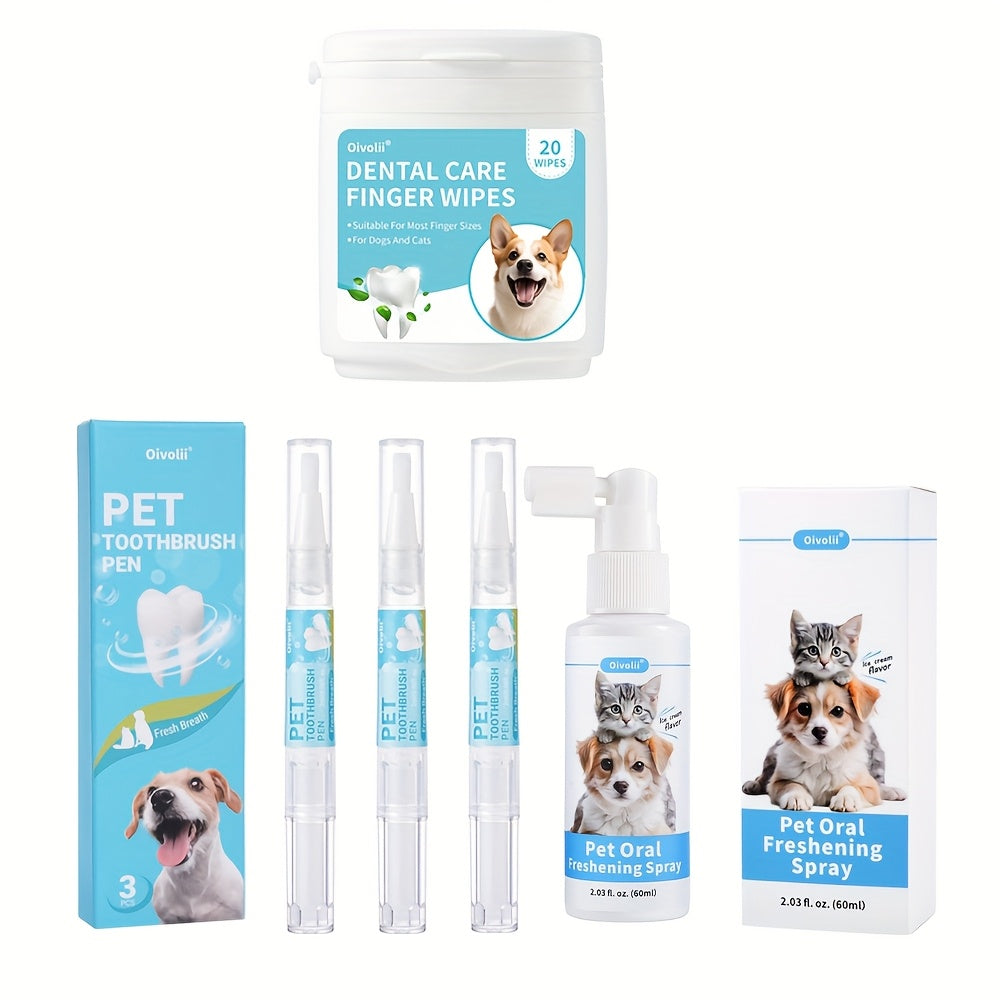 Ensemble de soins bucco-dentaires pour chiens et chats, 5 pièces comprenant un spray dentaire 2 en 1, un stylo de nettoyage dentaire, 20 lingettes dentaires, rafraîchit la bouche de votre animal