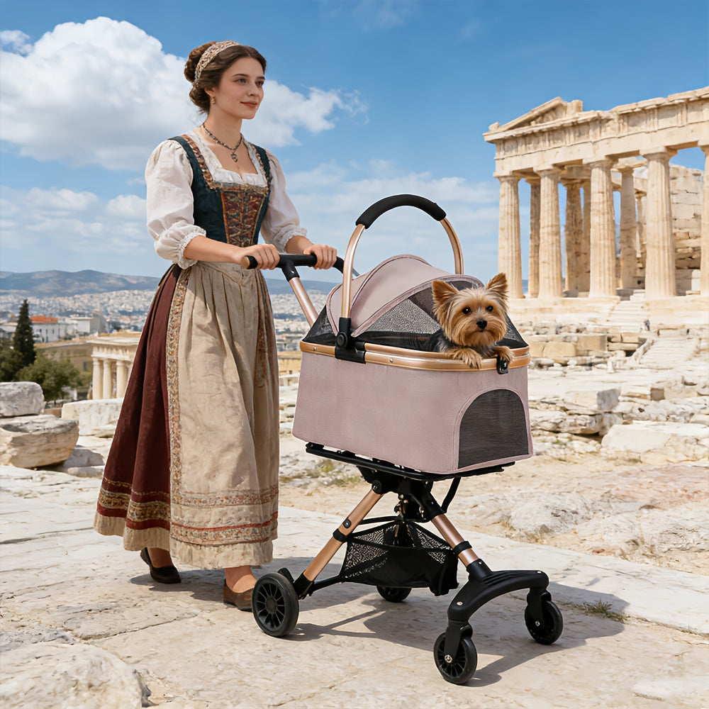 Poussette pliable et confortable, conception entièrement fermée et respirante. Elle est dotée d'un système de pliage à un seul bouton, de roues pivotantes à 360° et de roues directionnelles pour un double plaisir. Rose