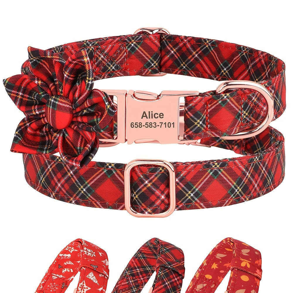 Colliers personnalisés pour chiens de petite, moyenne et grande taille - Motifs floraux personnalisables, design à carreaux, ajustables, résistants, plaque d'identification, nom de l'animal, idée cadeau - Parfaits pour Noël et les fêtes de fin d'année