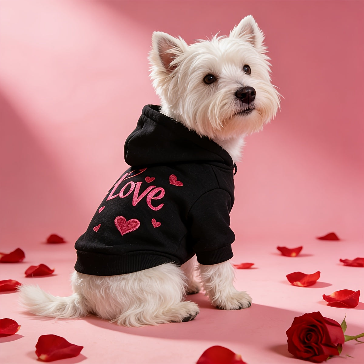 Sweat à capuche noir pour chien avec motif de petits cœurs rose et inscription LOVE, anneau intégré pour partir en balade, bien chaud