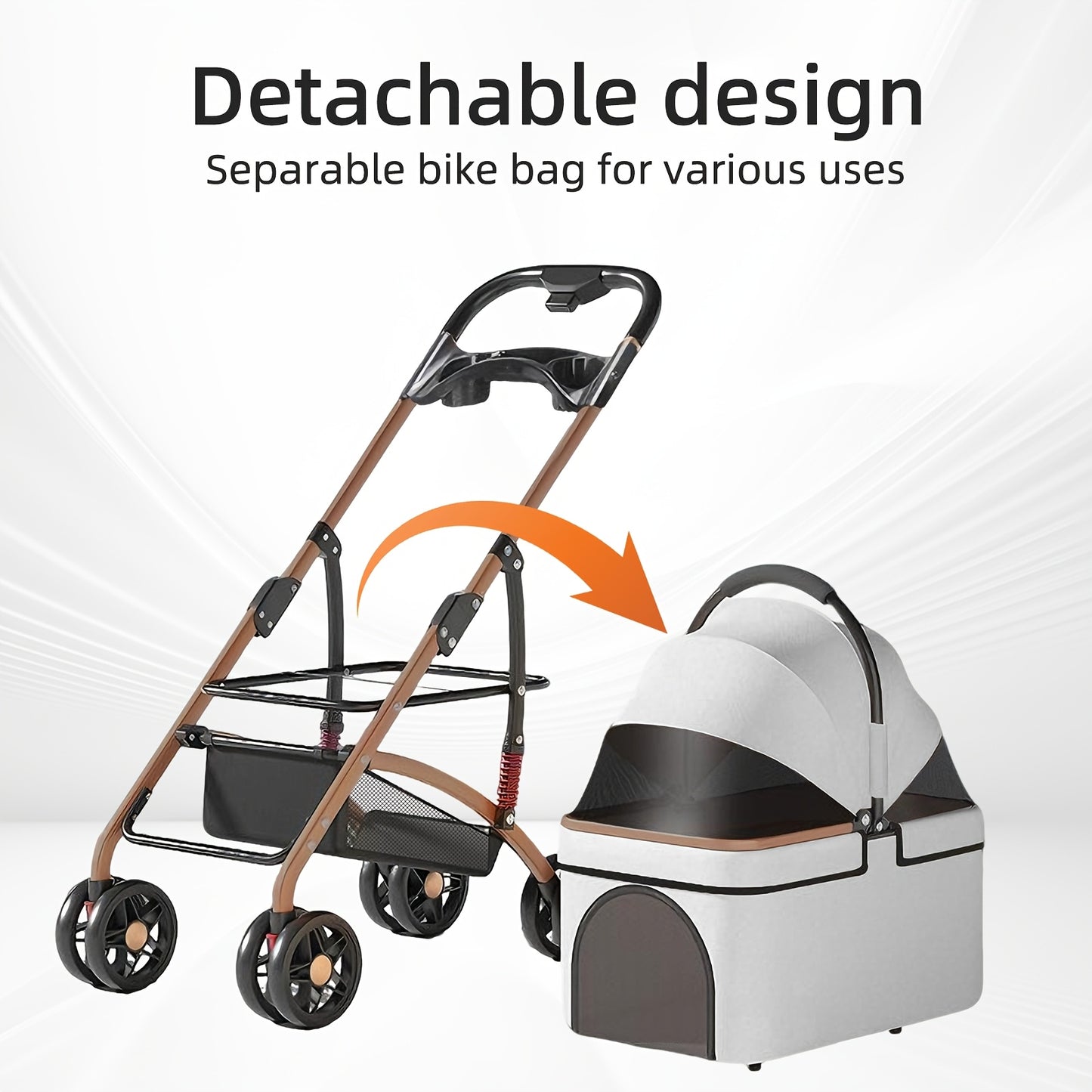 Poussette pour chien et chat 2 en 1, multifonctionnelle avec 4 doubles roues, tout terrain, panier amovible, pliable et compacte, en maille respirante, jusqu'à 25 kg, grise