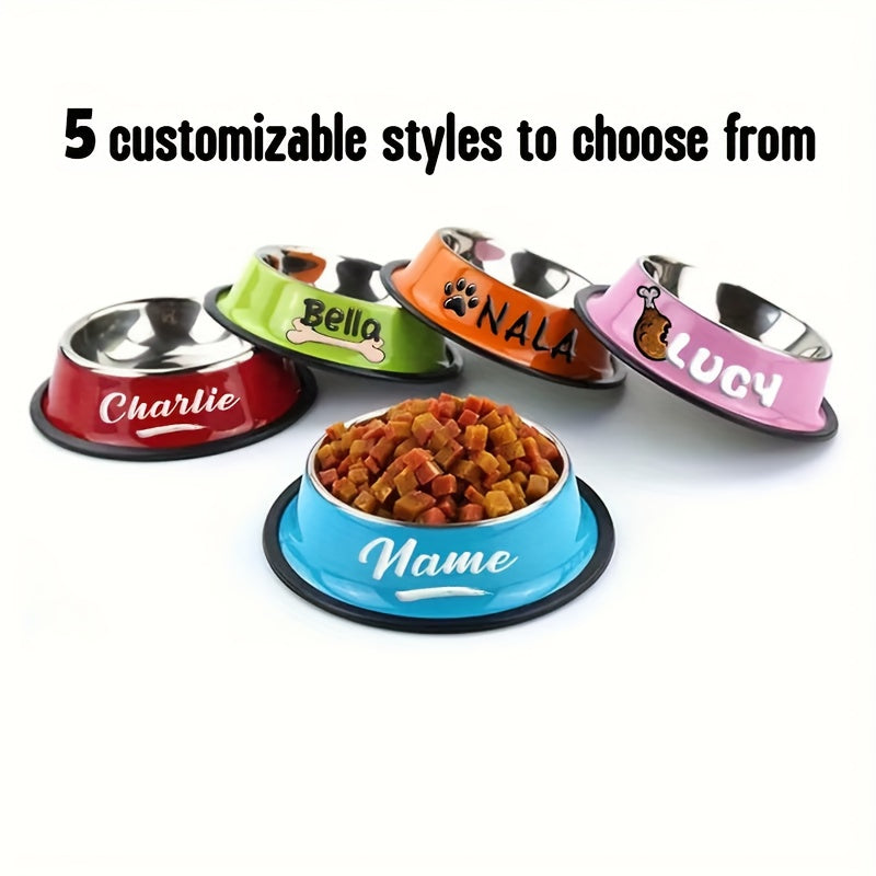 Gamelle personnalisée en acier inoxydable pour chiens et chats - Nom/texte/empreinte de patte et motif os personnalisés, base anti-renversement, diverses couleurs