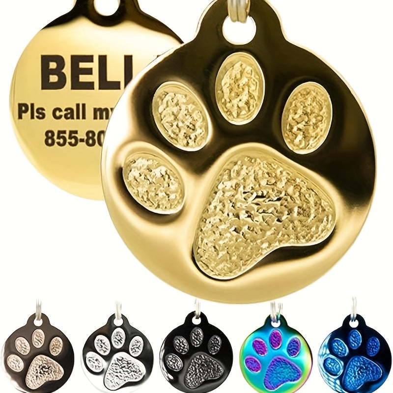 Médaille personnalisée pour chien, ronde avec une patte gravée sur la face avant, diverses couleurs
