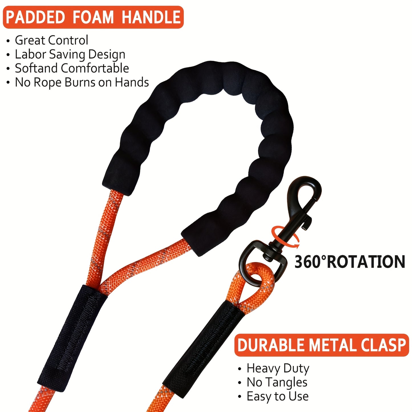 Laisse extra longue pour chien de 20m et 30m, bandes réfléchissantes et poignée rembourrée douce, disponible en orange et noir - Idéale pour l'entraînement, les jeux, le camping, les balades, etc