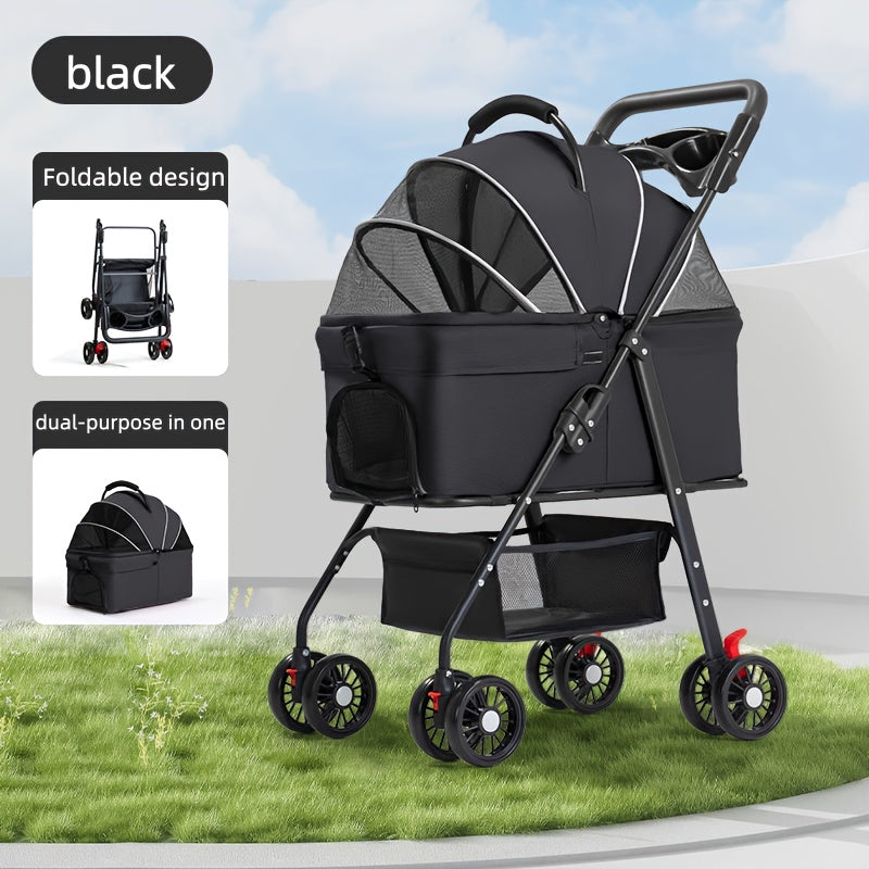 Poussette pour chien et chat 2 en 1, multifonctionnelle avec 4 doubles roues, tout terrain, panier amovible, pliable et compacte, en maille respirante, diverses couleurs