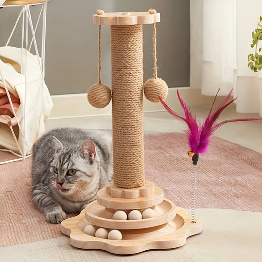 Combinaison griffoir et jouet pour chat avec un design rotatif à 360°, comprenant un griffoir, un poteau à double usage, des balles et des plumes artificielles, les couleurs peuvent varier