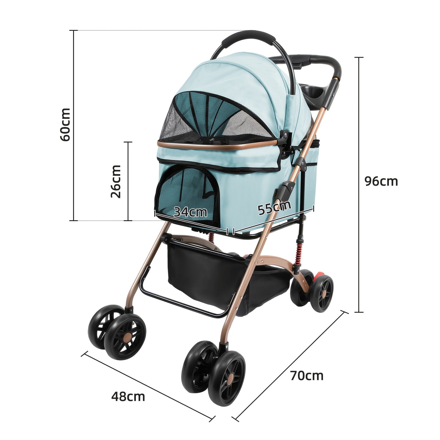 Poussette pour chien et chat, conception pliable, poussette 3 en 1 avec panier couvert, fenêtre en filet, porte-gobelet et roues en caoutchouc durables, idéale pour les longues promenades en extérieur