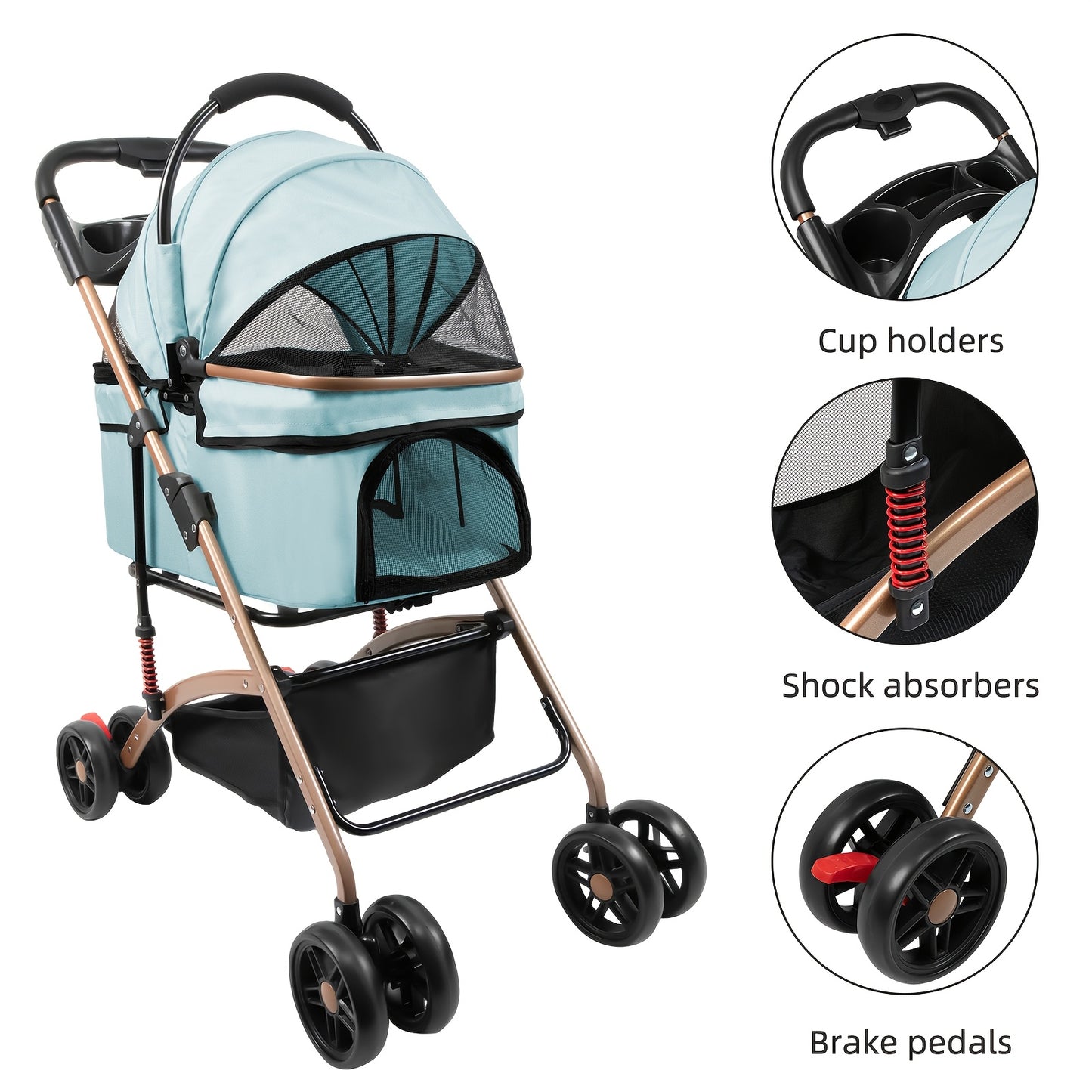 Poussette pour chien et chat, conception pliable, poussette 3 en 1 avec panier couvert, fenêtre en filet, porte-gobelet et roues en caoutchouc durables, idéale pour les longues promenades en extérieur