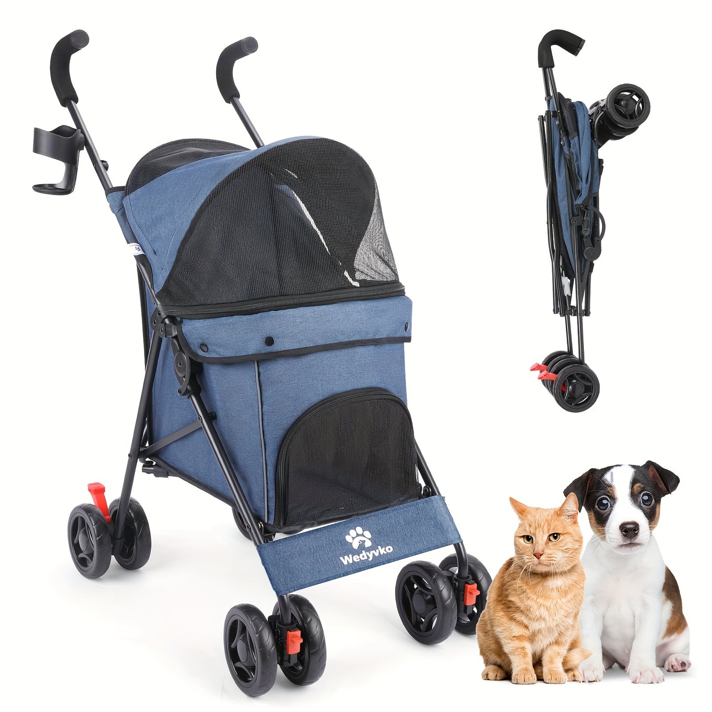 Poussette pour chien et chat 2 en 1, multifonctionnelle avec 4 doubles roues, tout terrain, panier amovible, pliable et compacte, en maille respirante, diverses couleurs