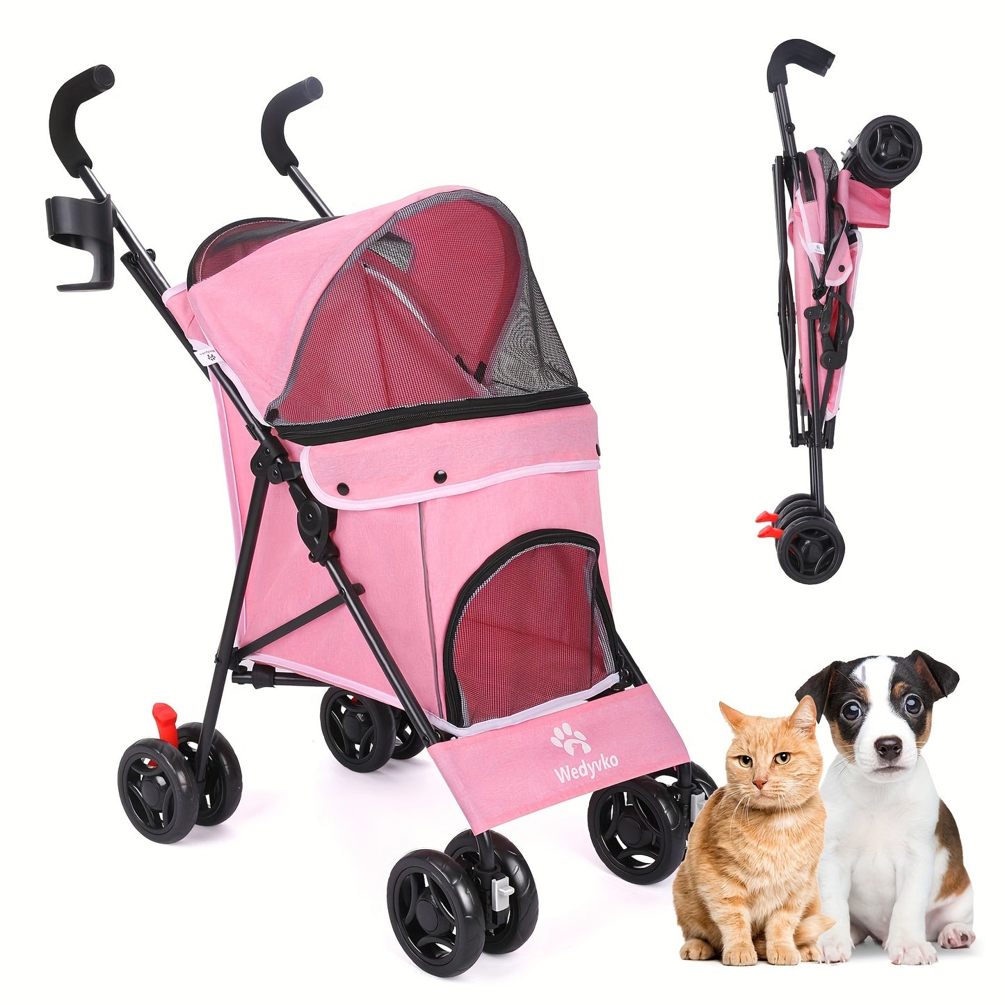 Poussette pour chien et chat 2 en 1, multifonctionnelle avec 4 doubles roues, tout terrain, panier amovible, pliable et compacte, en maille respirante, diverses couleurs