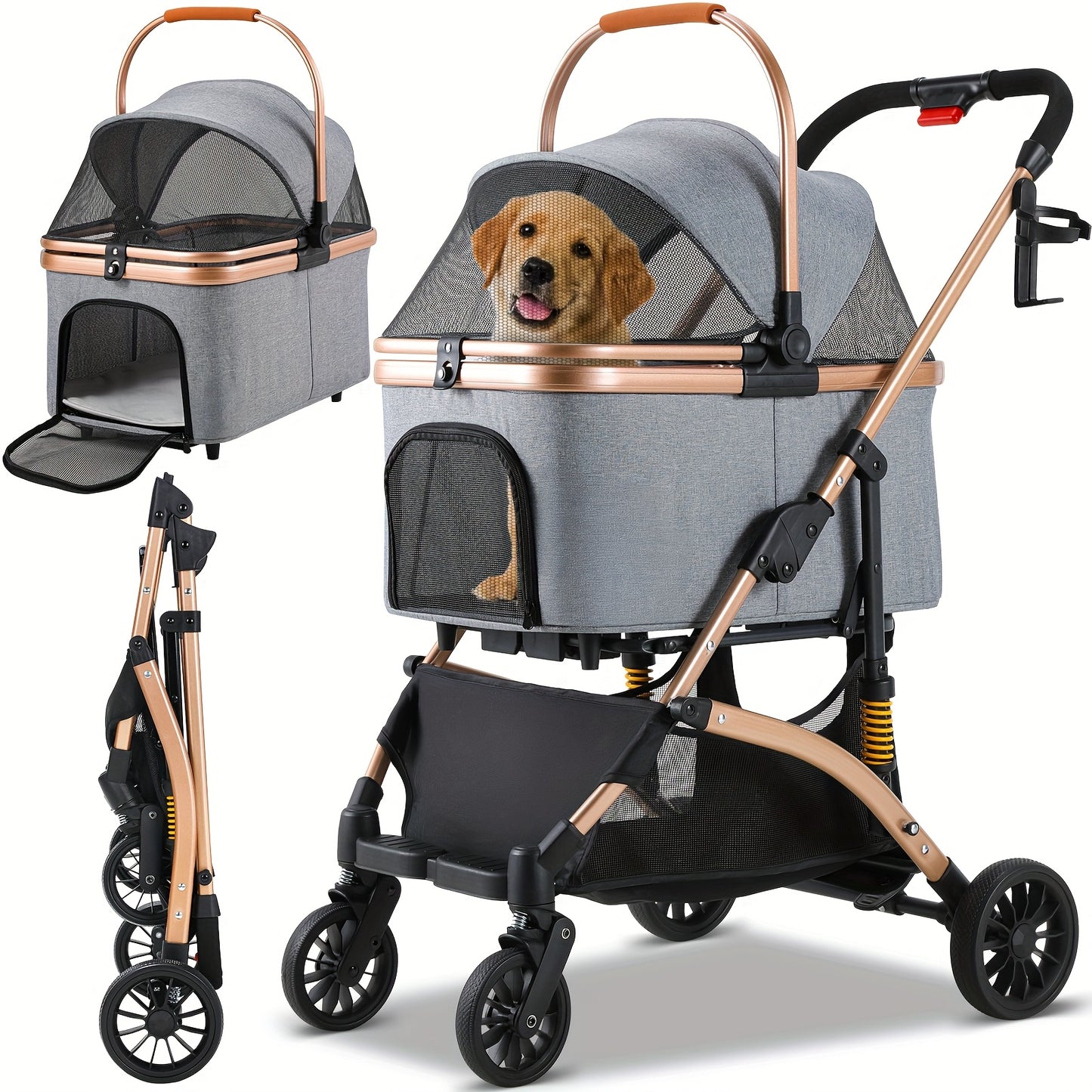 Poussette pour chien et chat, conception pliable, poussette 3 en 1 avec panier couvert, fenêtre en filet, porte-gobelet et roues en caoutchouc durables à 360°, idéale pour les longues promenades en extérieur, diverses couleurs