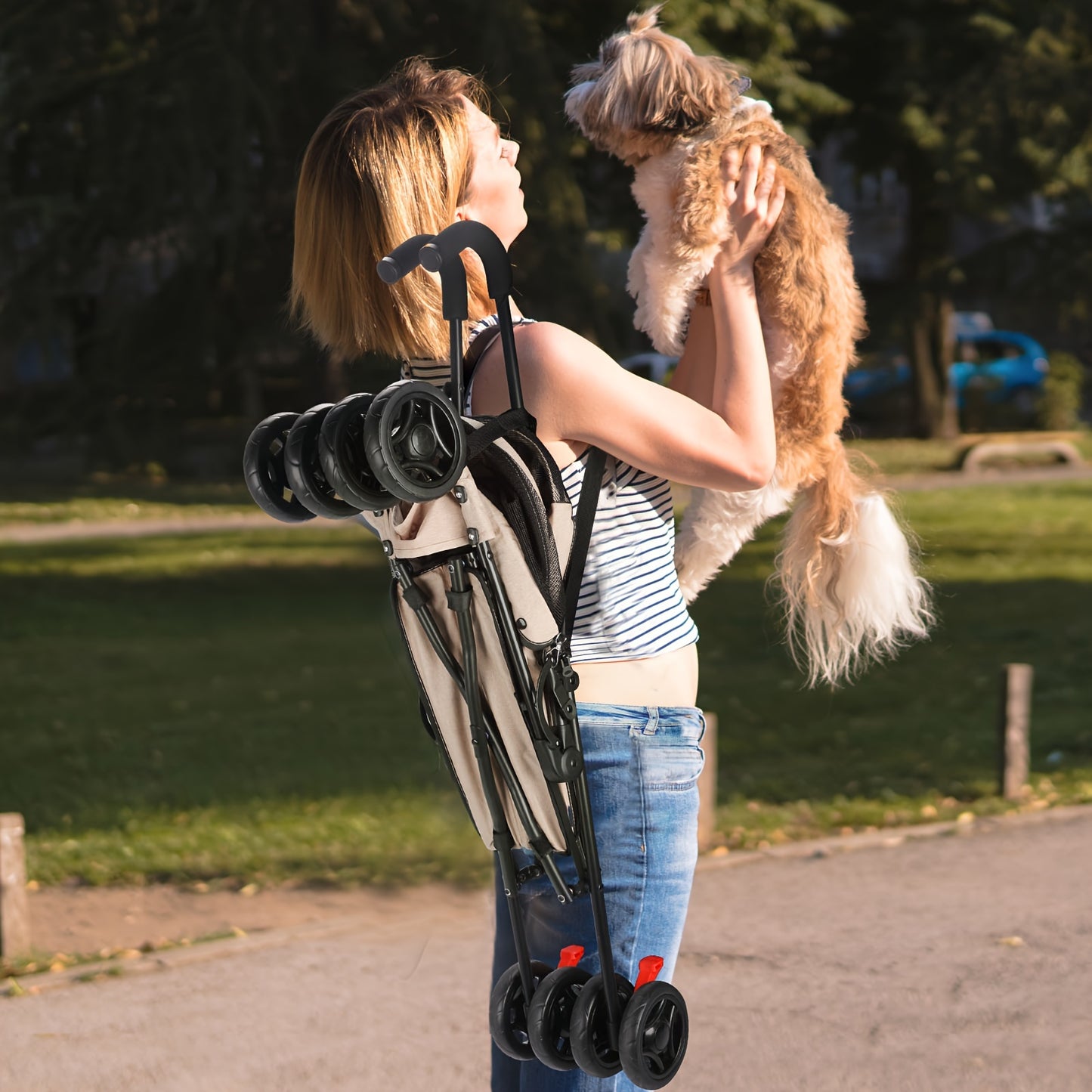 Poussette pour chien et chat 2 en 1, multifonctionnelle avec 4 doubles roues, tout terrain, panier amovible, pliable et compacte, en maille respirante, diverses couleurs