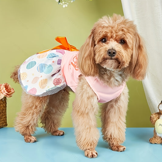 Robe pour chien à motif œuf de Pâques avec nœud papillon - 100 % polyester, lavable en machine - Saison printemps/été