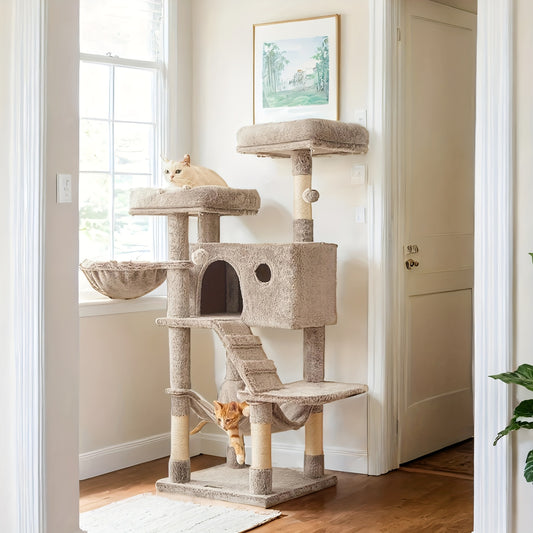 Arbre à chat, tour à plusieurs niveaux, perchoir ultra-doux en peluche avec jouets suspendus, cachette fermée, nid douillet et poteaux à griffer résistants, diverses couleurs