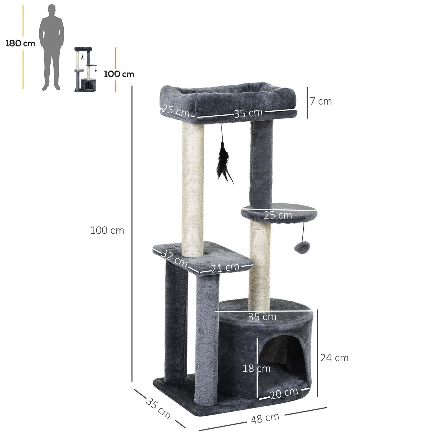 Arbre à chat avec poteaux à griffer, plateforme de nidification et peluche, 2 jouets suspendus et 1 cachette fermée, gris