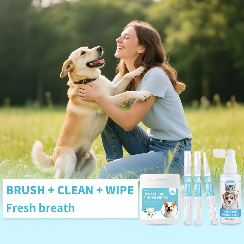 Ensemble de soins bucco-dentaires pour chiens et chats, 5 pièces comprenant un spray dentaire 2 en 1, un stylo de nettoyage dentaire, 20 lingettes dentaires, rafraîchit la bouche de votre animal