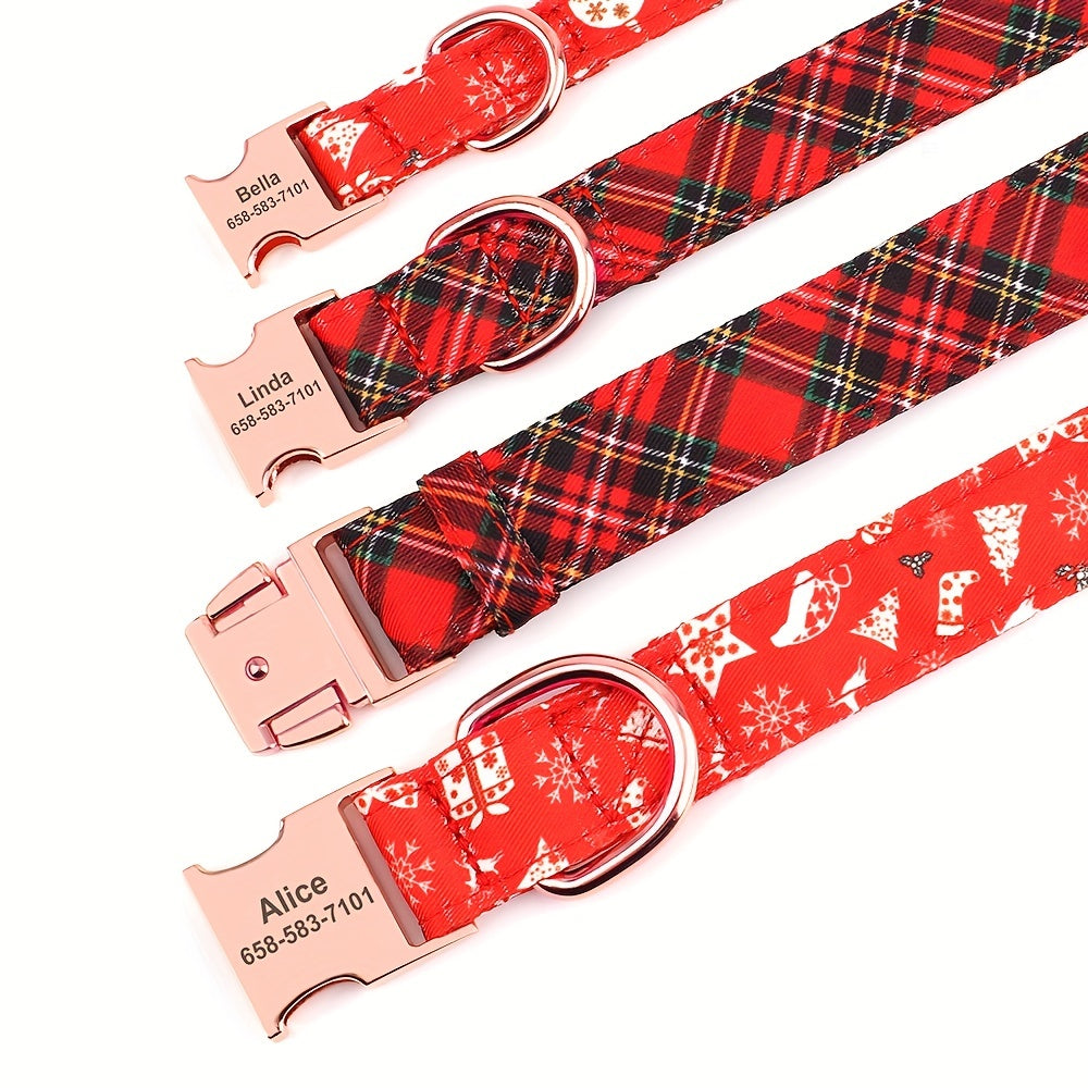 Colliers personnalisés pour chiens de petite, moyenne et grande taille - Motifs floraux personnalisables, design à carreaux, ajustables, résistants, plaque d'identification, nom de l'animal, idée cadeau - Parfaits pour Noël et les fêtes de fin d'année