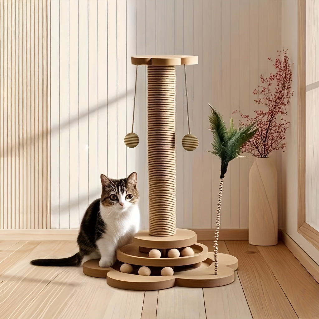 Combinaison griffoir et jouet pour chat avec un design rotatif à 360°, comprenant un griffoir, un poteau à double usage, des balles et des plumes artificielles, les couleurs peuvent varier