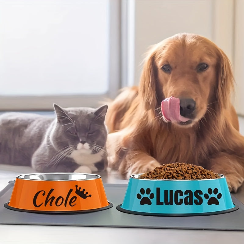 Gamelle personnalisée en acier inoxydable pour chiens et chats - Nom/texte/empreinte de patte et motif os personnalisés, base anti-renversement, diverses couleurs