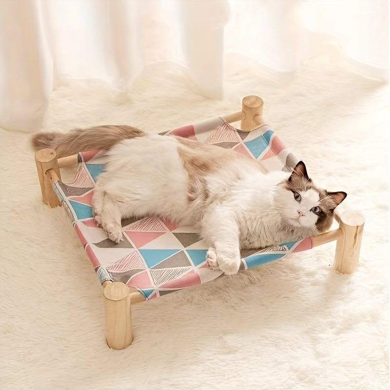 Lit surélevé pour chien et chat : hamac rafraîchissant portable en bois avec support amovible, divers motifs et diverses couleurs