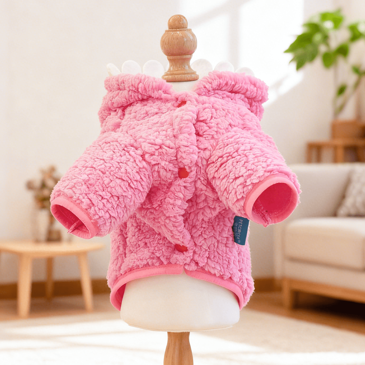 Costume mignon de petit monstre rose, tout doux et tout chaud, pour chien, facile a enfiler, fermeture à boutons-pression