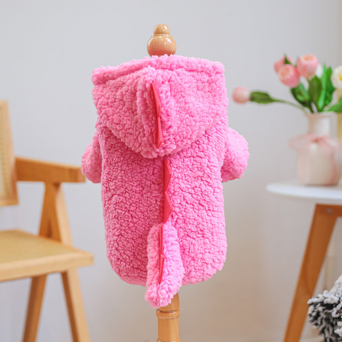Sweat à capuche épais doublé en peluche rose en forme de petit dinosaure, pour chiens de petites tailles