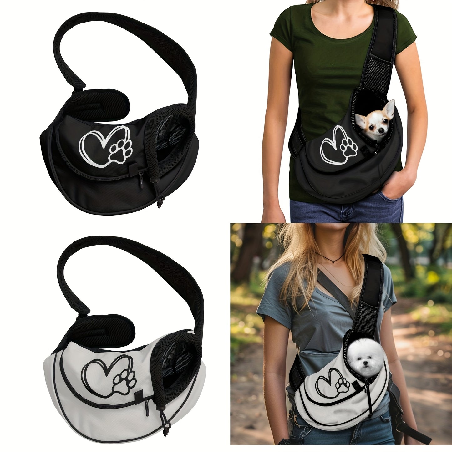 Sac de transport en bandoulière pour petit chien, motif cœur et patte, diverses couleurs
