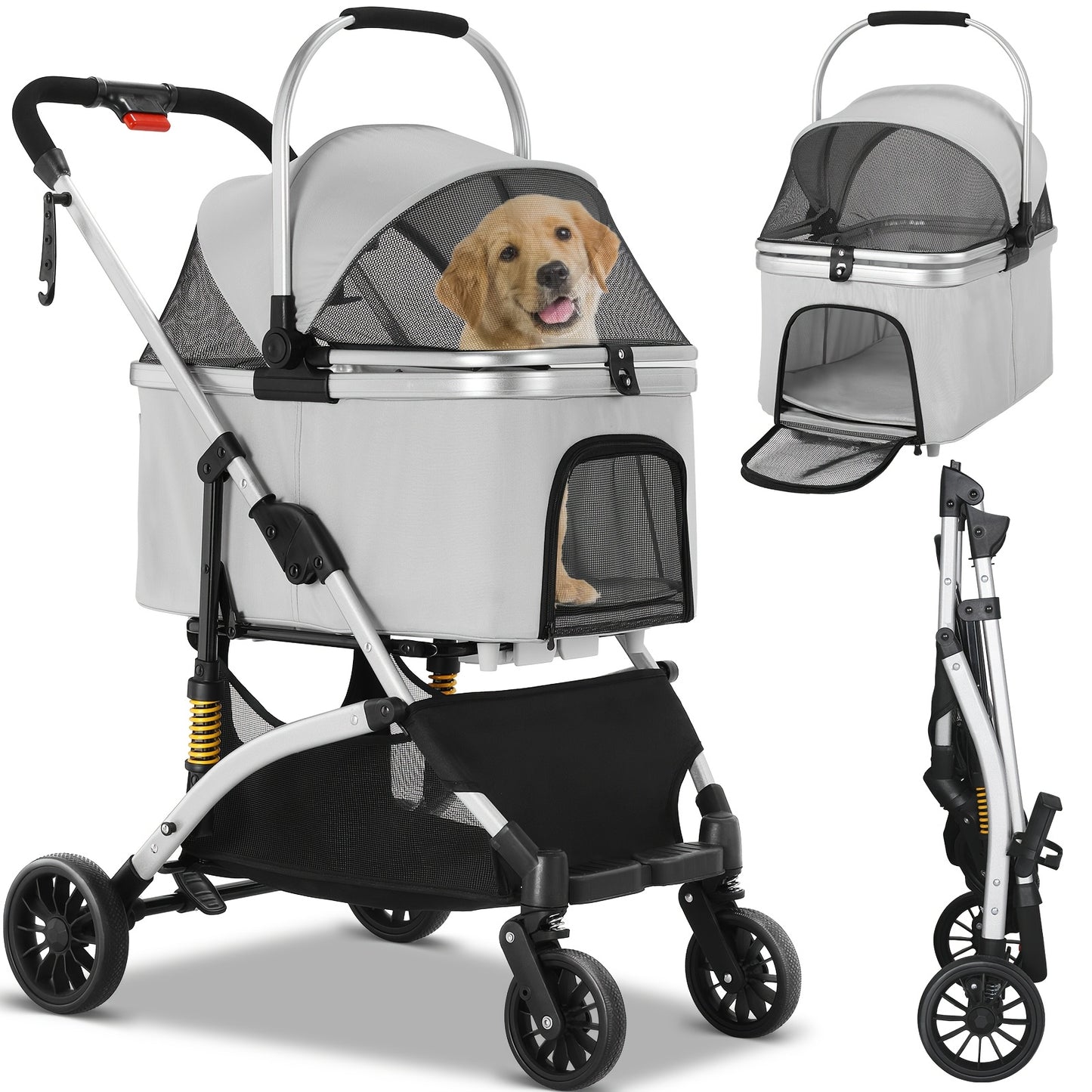 Poussette pour chien et chat, conception pliable, poussette 3 en 1 avec panier couvert, fenêtre en filet, porte-gobelet et roues en caoutchouc durables à 360°, idéale pour les longues promenades en extérieur, diverses couleurs