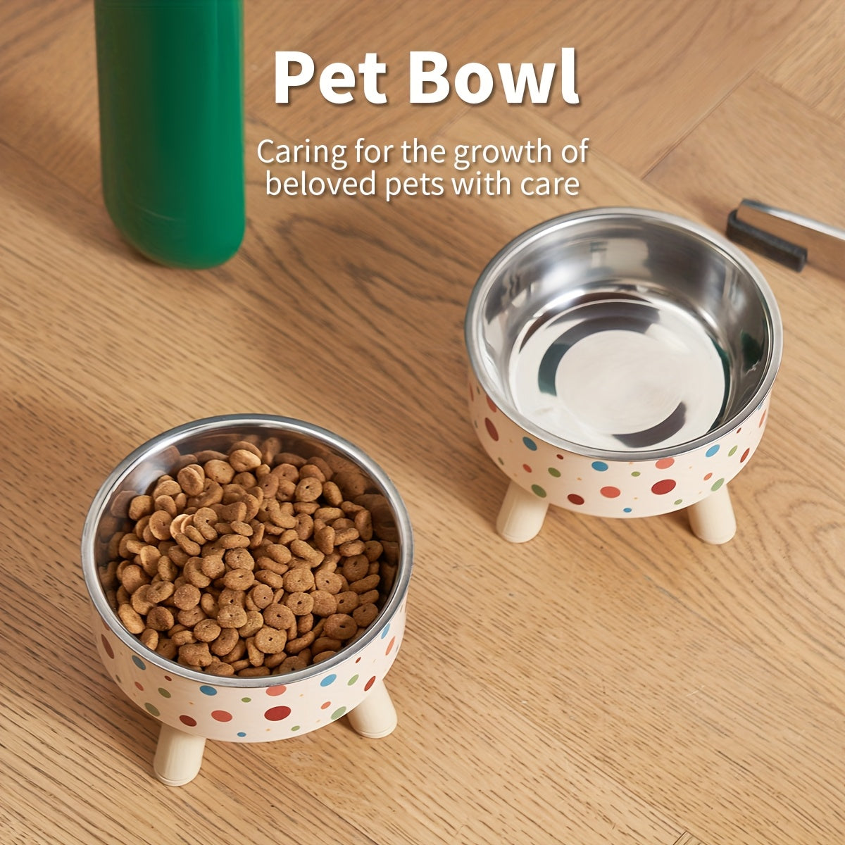 Gamelle surélevée pour chien et chat, grande capacité, antidérapante, conception ergonomique pour un repas confortable en hauteur, beige à petits pois