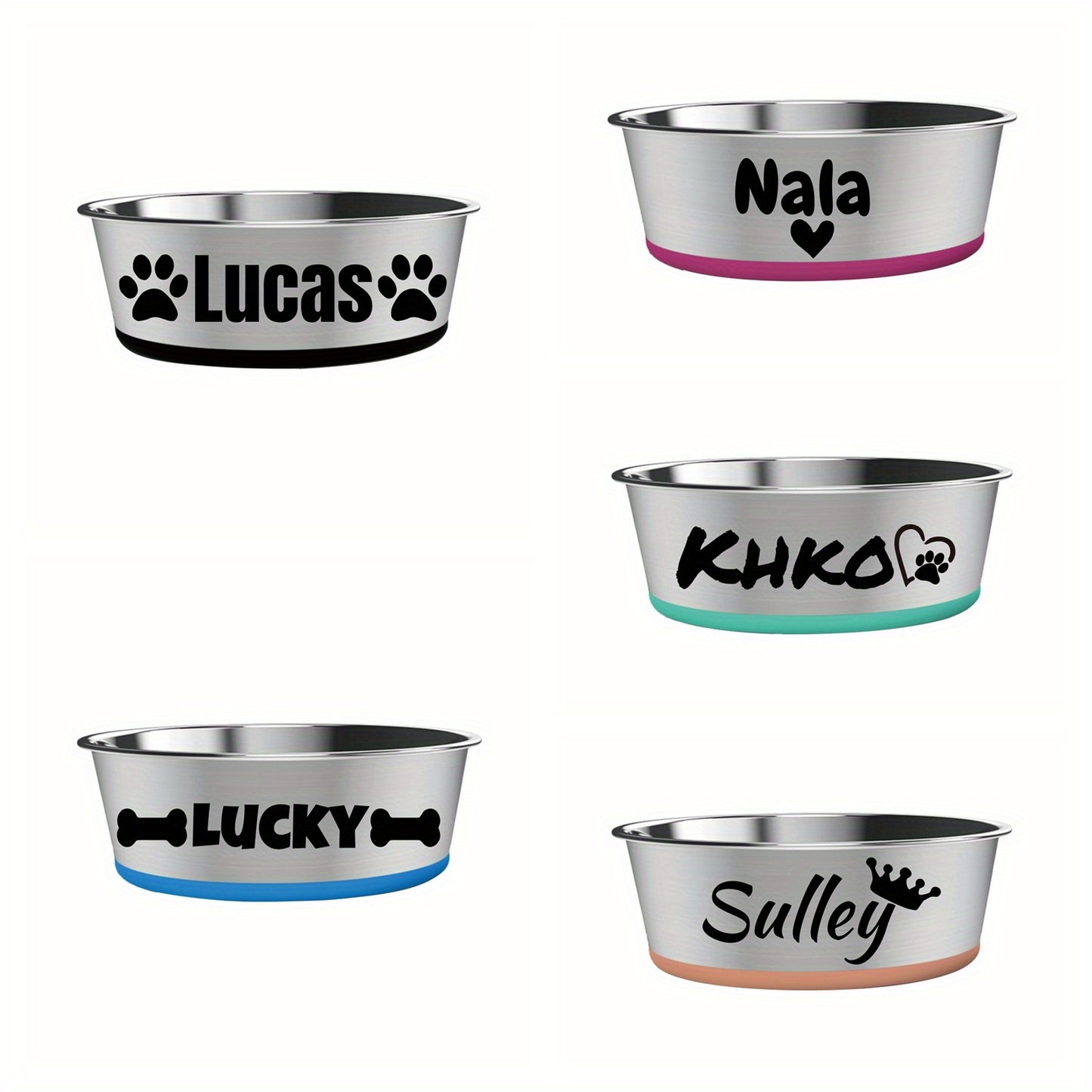 Gamelle pour chien en acier inoxydable personnalisable avec base antidérapante en caoutchouc de diverses couleurs - Nom de l'animal et divers motifs pour personnaliser la gamelle