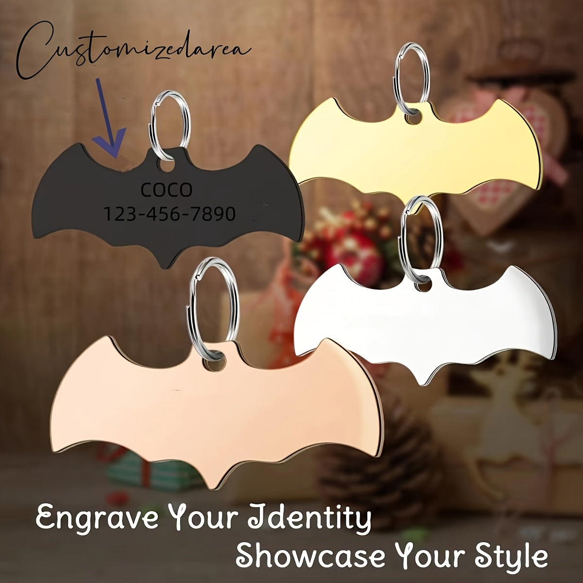 Médaille d'identification personnalisée en forme de chauve-souris pour chien, diverses couleurs