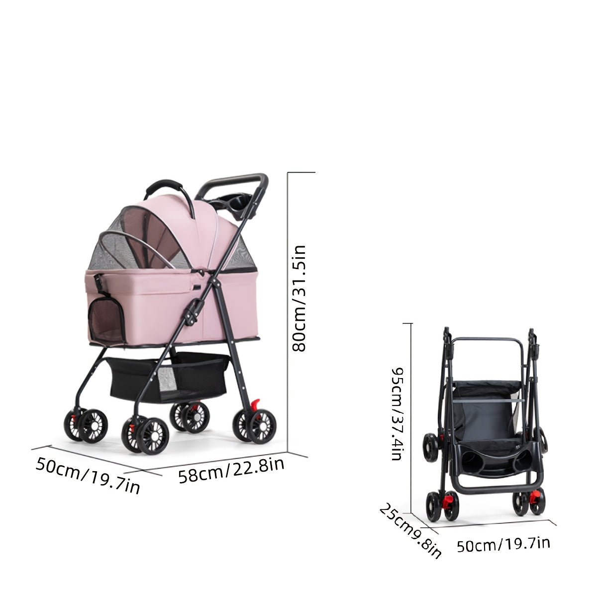 Poussette pour chien et chat 2 en 1, multifonctionnelle avec 4 doubles roues, tout terrain, panier amovible, pliable et compacte, en maille respirante, diverses couleurs