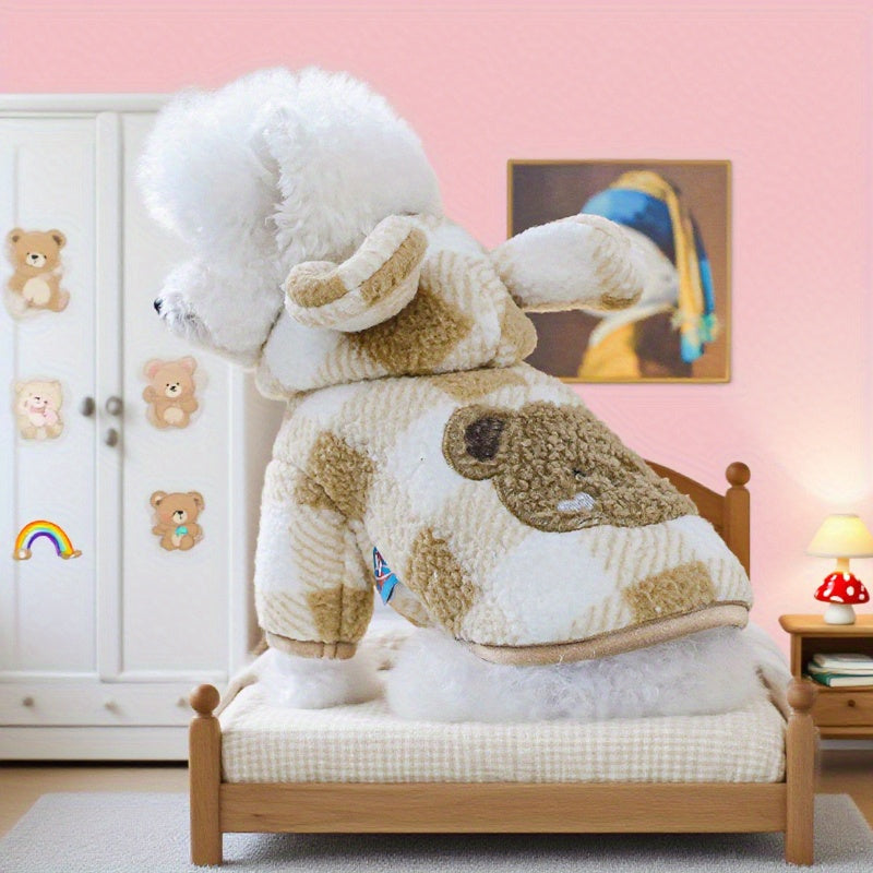 Sweat à capuche pour chien, motif à carreaux avec tête d'ourson et petites oreilles, mignon et bien chaud